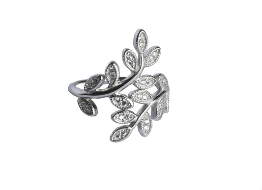 Anel em Prata 925 com Design de Folhas e Brilhantes